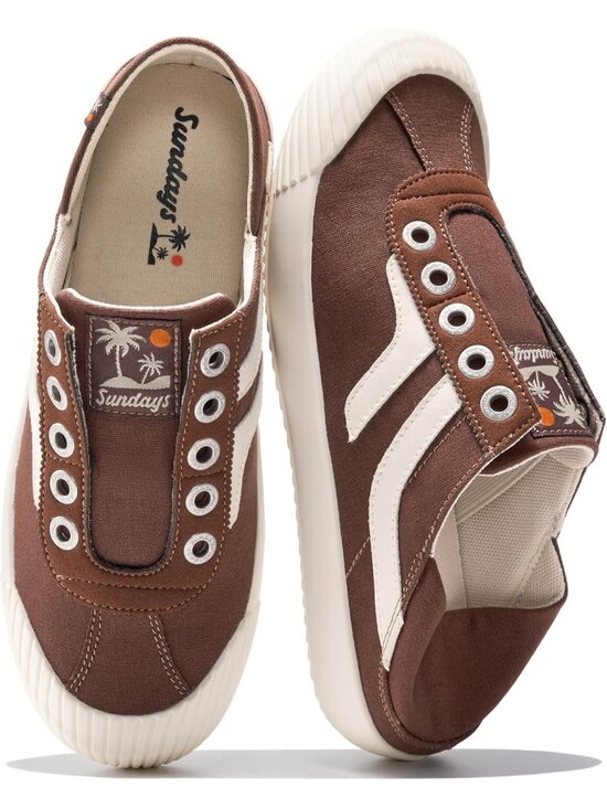 Shoes - Women's Whiskey And Beige  Memory Foam Insole Backless Mule Canvas Sneaker Shoes